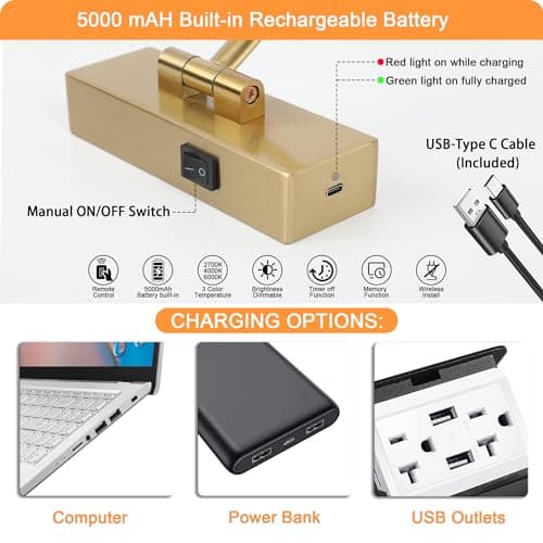 Wireless Picture Lights for Wall Rechargeable, Battery Operated Art Light for Paintings, 3CCT Dimmable, 15.7" Brass Finish with Remote, Rotatable Gallery Light for Pictures Display
