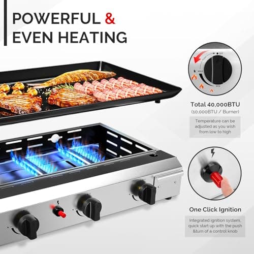 ROVSUN 4 Burner Portable Propane Griddle with Nonstick Enameled Tray, 40000 BTU Rolling Flat Top Gas Grill with Electronic Ignition, Side Shelves & Regulator for Outdoor Cooking Camping BBQ Tailgating