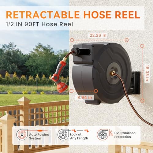 NEOTEC Retractable Garden Hose Reel 5/8 inch x 90ft - Wall Mounted Heavy Duty Hose Reel with 3/4 Inch Brass Fittings & 9-Pattern Nozzle - Auto Rewind System, Any Length Lock, 180° Swivel Bracket