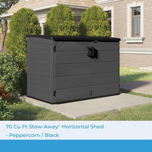 Suncast Stow-Away Horizontal Storage Shed for Yard Storage, All-Weather Outdoor Storage Shed with 2 Lockable Doors, 70.5" W x 44.25" D x 52" H, Peppercorn, Made in The USA