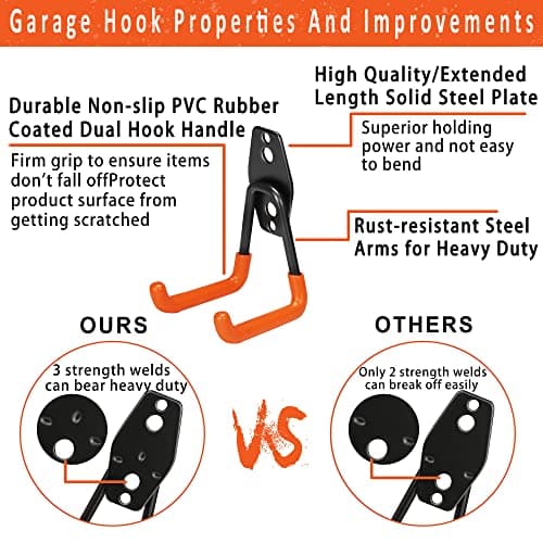 Heavy Duty Steel Hooks, 16 Pack with Anti-Slip Coating - Utility Wall Mount Garage Storage for Hanging Bike, Ladder and Garden Tools