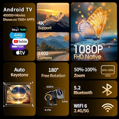 Projector 1080P Full HD, 4K Projector with 180° Rotation, Built-in App Portable Projector WiFi 6 & Bluetooth 5.2 Support,Featuring Auto Keystone Correction,HDMI/USB Connectivity Projector Black