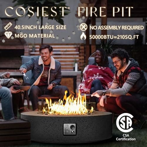COSIEST 40.5-inch Outdoor Propane Fire Pit Coffee Table w Concrete Round Base Patio Heater, CSA Certified, 50,000 BTU Stainless Steel Burner, Free Lava Rocks, Rain Cover, Wind Guard, Tank Cover, Gray