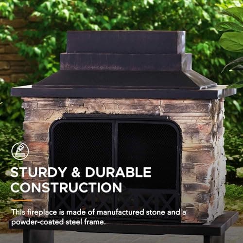Sunjoy Outdoor Fireplace, Heavy Duty Patio Wood Burning Fireplace with Steel Chimney, Mesh Spark Screen Doors, Removable Grate and Fire Poker, Black