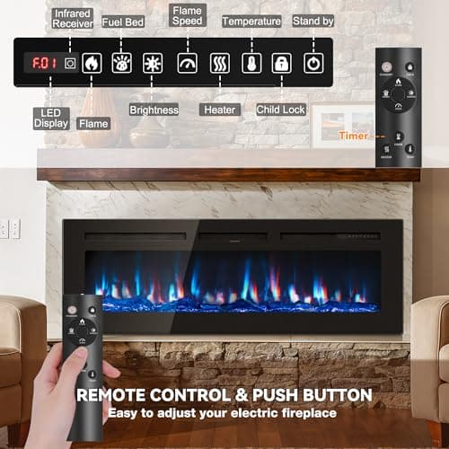 50 inch Electric Fireplace in-Wall Recessed and Wall Mounted with Remote Control, 1500/750W Fireplace Heater (60-99°F Thermostat) with 12 Adjustable Color, Timer, Log and Crystal