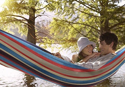Sorbus® Brazilian Double Hammock - Extra-Long Two Person Portable Hammock Bed for Indoor or Outdoor Spaces - Hanging Rope, Carrying Pouch Included (Blue/Sand/Purple/Red Stripes)