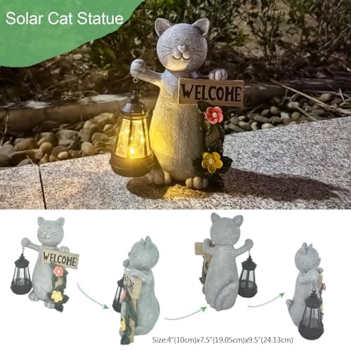 Solar Cat Statue Outdoor Decor-9.4" Welcome Garden Sculpture with Solar Lantern &3D Flowers,Weatherproof Resin Yard Art for Patio, Lawn,Yard Outside,Birthday Gifts for Mom,Grandma,Cat Lovers