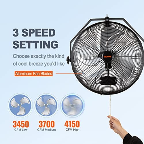 VEVOR 18 Inch Wall Mount Fan, 3-speed IP44 Waterproof, Max. 4150 CFM Wall Mounted Fan for Outdoor, Commercial, Residential, Greenhouse, Workshop, Patio, Black, ETL Listed