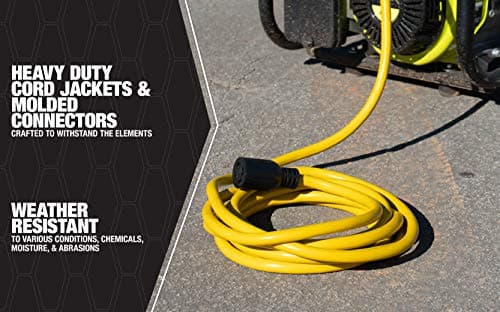 Southwire 65172840 20-Foot 30Amp Generator Cord; 10-Gauge Heavy Duty Electrical Power Cable with L14-30 Locking Plug; 125V / 250V; Yellow; Feet; Black