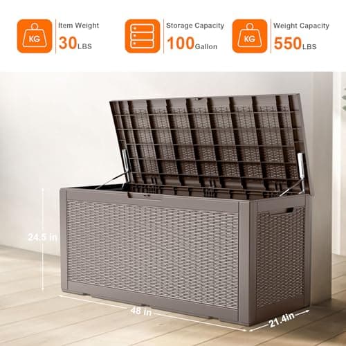 100 Gallon Resin Deck Box, Lockable Patio Outdoor Storage Box for Furniture, Garden Tools and Tools Storage, Waterproof Outside Storage Boxes - Grey