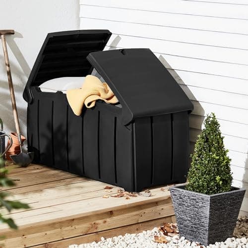 Products 85 Gallon (321L) Outdoor Storage Organization Bin, Patio Deck Box with Dual Door Lid for Garden, Pool, & Furniture Accessories, Black