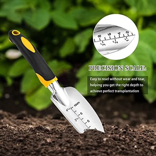 Transplanter Trowel Garden Shovel Hand Trowel Cast-Aluminum Heavy Duty Gardening Tool Depth Marker Measurement Trowel with Ergo Handle for Digging and Planting Engraved Depth Guide (Yellow)