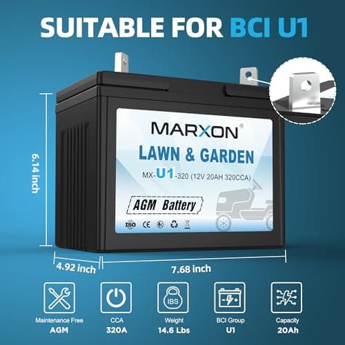 Marxon U1 320CCA Riding Lawn Mower Batteries, Garden Tractors Battery Maintenance Free AGM Battery, Compatible with Troy-Bilt, John Deere, Toro, Cub Cadet, Craftsman, Ariens Poulan Pro Massey Ferguson