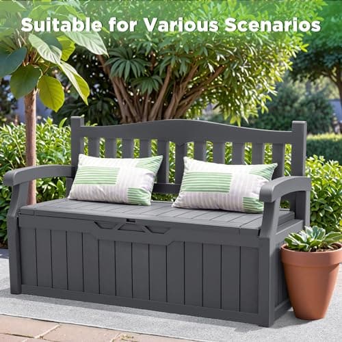 Greesum 80 Gallon Storage Bench Outdoor Deck Box with Armrest, Patio Furniture,Lockable, Waterproof and UV Resistant, Suitable for Garden, Pool, Grey