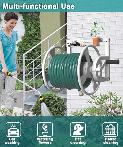 Outdoor Wall Mounted Hose Reel with Hook, Garden Heavy-Duty Water Hose Holder Winder with 3.9 ft Leader Hose, Brass Fitting and Storage Basket for Yard, Holds 125 Ft of 5/8-Inch Hose, White