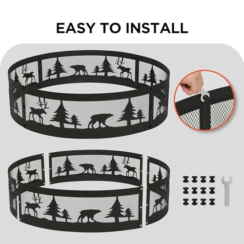 Red Mountain Valley 36 Inch Fire Pit Ring with 360° Forest & Wildlife Design, Portable Steel Wood Burning Firepit Ring for Outdoor Camping, Bonfires, Beach,Patio, fire Pit kit, Black
