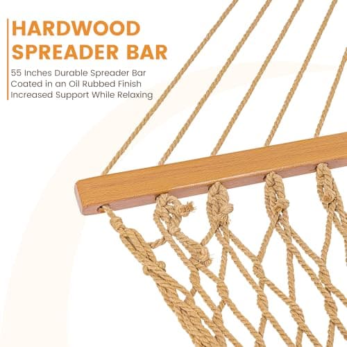 Lazy Daze Hammocks Double Rope Hammock, 2 Person Traditional Outdoor Hand Woven Cotton Rope Hammock with Spreader Bar, Chains, Tree Straps for Patio Yard - Max 450 Lbs, Tan