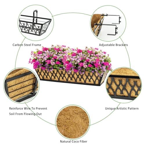2 Pack 24 Inch Window Boxes Planters Railing Planter Box with Adjustable Brackets for Porch Fence Patio Balcony Hanging Flower Baskets with Coco Liners for Outdoor Garden Décor - Black
