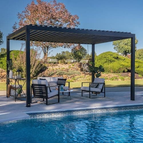 Backyard Discovery Sarasota 14' x 10' Galvanized Steel Louvered Pergola Kit with Adjustable Roof, Shade, Rain Protection, High-Wind Rating, Gutter System for Outdoor Patio, Garden, Deck, Entertaining