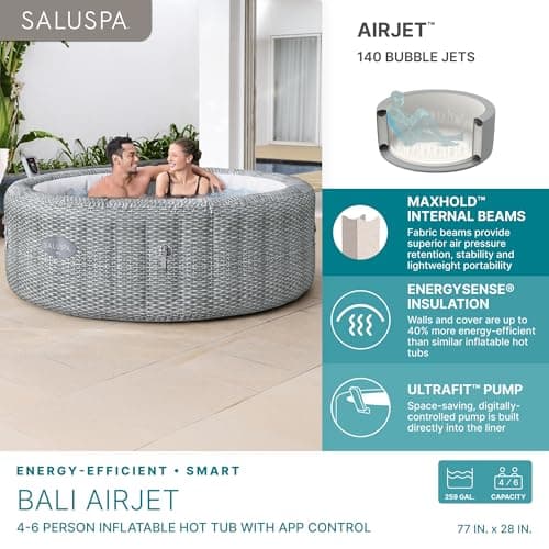 Bestway SaluSpa Bali Smart AirJet Inflatable Hot Tub Round Portable 4 to 6 Person Spa with 140 AirJets, App Control and EnergySense Cover, Grey Rattan
