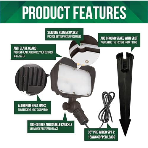 GKOLED 7W LED Outdoor Flood Light, Low Voltage Landscape Lighting, Waterproof Security Wall Lighting Fixture, 9-15V, 480 Lumen, 3000K, 1/2" Adjustable Knuckle Mount, Die-cast Aluminum, Brown