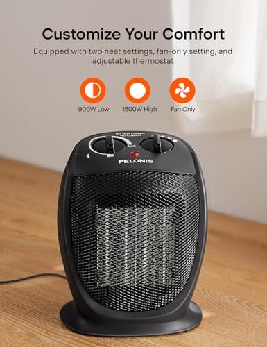 PELONIS PHTA1ABB Portable, 1500W/900W, Quiet Cooling & Heating Mode Space Heater for All Season, Tip Over & Overheat Protection,for Home, Office Personal Use, Black , 9inch