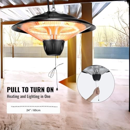 VEVOR Hanging Patio Heater, 1500W Outdoor/Indoor Electric Space Infrared Heater, IP34 Protection Ceiling Heater with 23.6 inch Pull Cord & 20 inch Adjustable Chain, for Porch,Patio,Dining Room,Studio