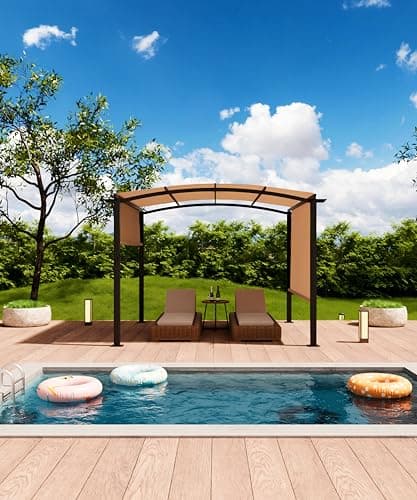 10 x 10 Ft Outdoor Arched Pergola, Metal Pergola with Retractable Canopy, Arched Style Gazebos for Backyard, Lawn, Patios (Khaki)