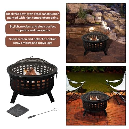 Outdoor Fire Pit - 26-Inch Round Lattice Wood Burning Firepit with Screen, Poker, Grate and Cover - Wood Fire Pits & Outdoor Fireplaces by Pure Garden
