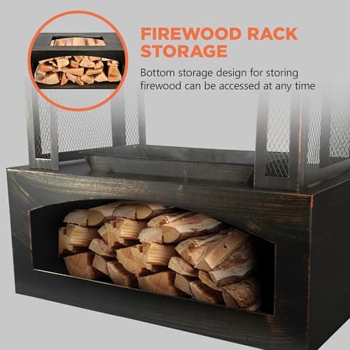 Red Mountain Valley 37" Fire Pits with Wood Storage for Outside, Large Wood Burning Outdoor Fireplace with Chimney, Mesh Spark Screen & Fire Poker, Idea for Backyard, Patio, Party, Camping, Picnic