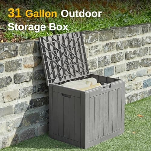 EAST OAK Outdoor Storage Box, 31 Gallon Deck Box Indoor and Outdoor Use, Waterproof Resin Storage Bin for Package Delivery, Patio Cushions, Gardening Tools, Lockable, UV Resistant, Grey