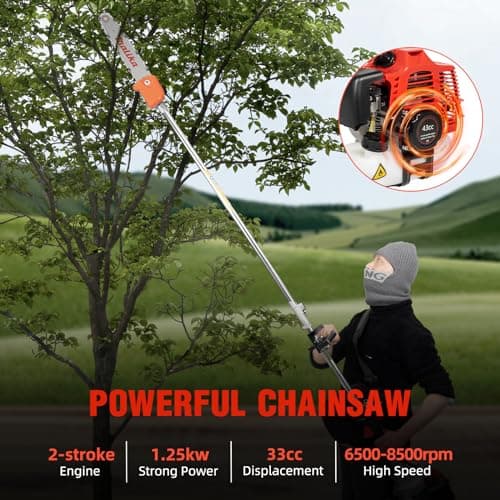 42.7CC Gas Powered Pole Saws 2-Stroke Gas Pole Saws For Tree Trimming with Single-Cylinder and Air-Cooled, Pole Chainsaw Suitable for Pruning Branches and Leaves in Orchards and Urban Greenery