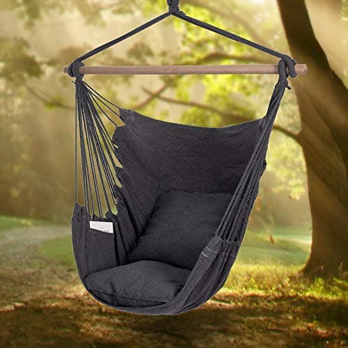 Y- Stop Hammock Chair Hanging Rope Swing Chair, Max 500 Lbs, 2 Seat Cushions Included, Removable Steel Spreader Bar with Anti-Slip Rings, Hardware kit-for Indoor or Outdoor(Dark Grey)