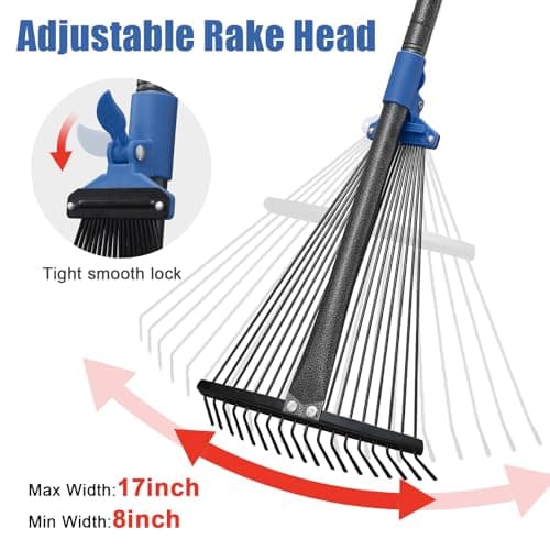 Adjustable Metal Leaf Rake Long Handle, 60 inch Garden Rakes for Lawns Heavy Duty Leaves with Expandable Head 8-17", Yard Women Kids Rake for Gardening RV Camping