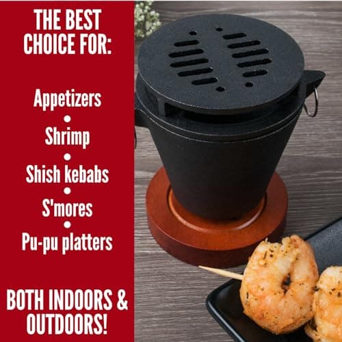 Mini Tabletop Fire Pit and Cast Iron Hibachi Grill Pan, Camping Tabletop Fire Pit Indoor & Outdoor Grill for Smores, BBQ, Smores Maker, Smokeless Firepit, Portable Mini Japanese Grill by Chef Master