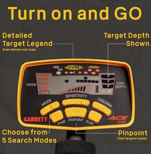 Garrett ACE 250 Metal Detector – Made in The USA - Electronic Pinpointing, 5 Search Modes, Accept/Reject Discrimination, Depth Indicator