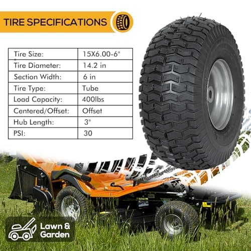 (2 Pack) WEIZE 15x6.00-6 Tire and Wheel Assembly, Replacement Riding Lawn Mower Front Tires, Compatible with Craftsman Riding Lawn Mowers, 3" centered Hub, 3/4" Bushing