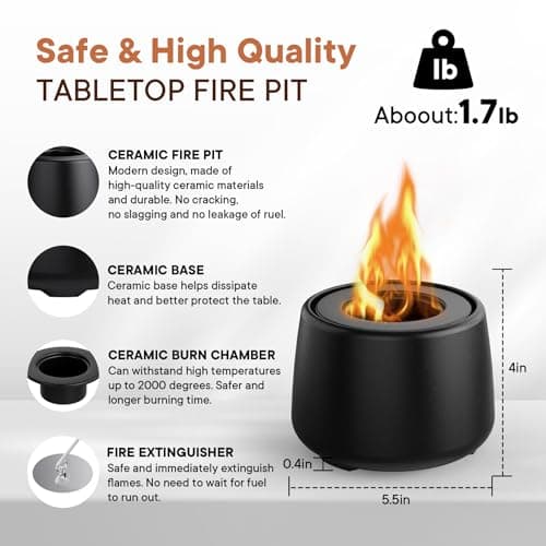 Ceramic Tabletop Fire Pit, Portable Ethanol Fire Bowl, Mini Rubbing Alcohol Fireplace Table Top Fire Pit Bowl Long Burning Smokeless Housewarming Gift with Indoor & Outdoor & Garden