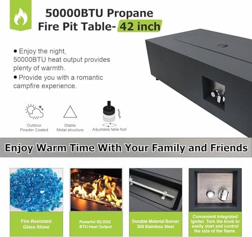 42" Rectangular Propane Fire Pit table 50,000 BTU Fireplace Table with Wind Guard, Lid, Rocks and Cover - Fire Pits & Outdoor Fireplaces - Gas Fire Pits for Outside Patio (Black, 42" Standard)