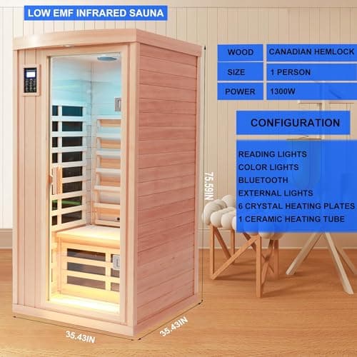 Ceramic 1 Person Infrared Sauna Far Infrared Saunas for Home Hemlock Wood Indoor Sauna Room 2 in 1 Sauna with Low EMF Heaters + Ceramic Heating Cube-Chromotherapy-Bluetooth Speaker