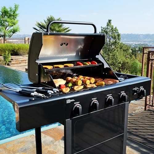 Kenmore 4-Burner Gas Grill with Side Burner, Outdoor BBQ Grill, Propane Gas Grill, Cast Iron Cooking Grates, Electronic Ignition, Warming Rack, 53000 BTUs, Black + Bonus Cover