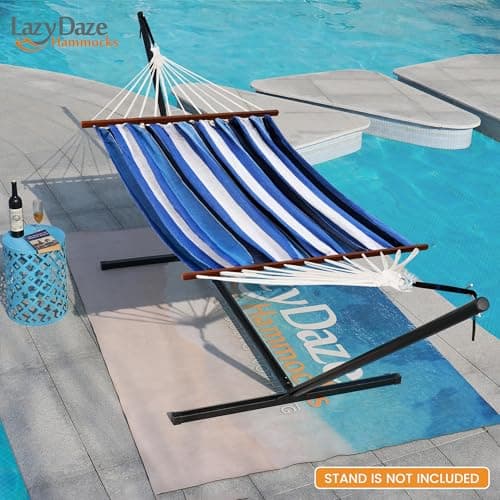 Lazy Daze Hammocks Cotton Fabric Spreader Bar Hammock, Outdoor Portable Hammock with Carrying Bag & Tree Straps for Bedroom, Patio, Backyard, Balcony, Max 450lbs Capacity, Blue
