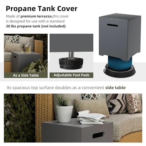 UPHA 42-inch Outdoor Propane Gas Fire Pit Table 50000 BTU Concrete Round FirePit for Outside Patio with Propane Tank Cover, Blue Glass Rocks, Rain Cover, Grey