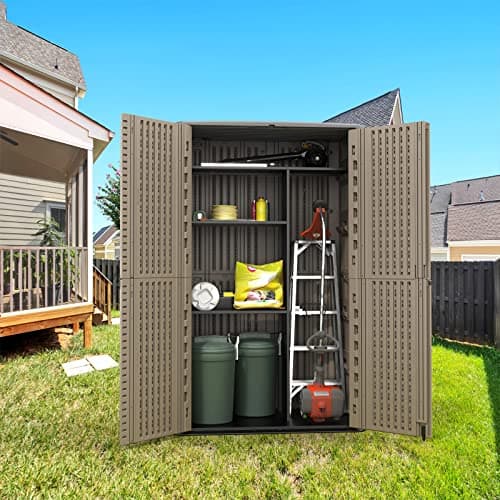 HOMSPARK Storage Shed Weather Resistance, Multi-Purpose Outdoor Storage Cabinet for Backyards and Patios, Horizontal Storage Shed for Lawnmower, Patio Accessories (Coffee, Tall - 53 cu.ft)