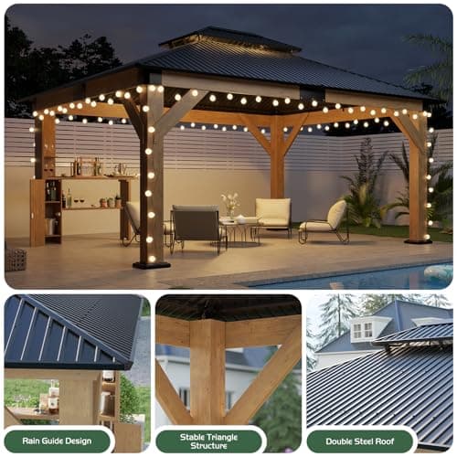 AMERLIFE 10x12 Solid Wood Gazebo, Hardtop Gazebo with Solid Spruce Frame and Aluminum Double Roof, Outdoor Pergola for Parties, Backyard, Patio, Lawns, Black + Natura Wood