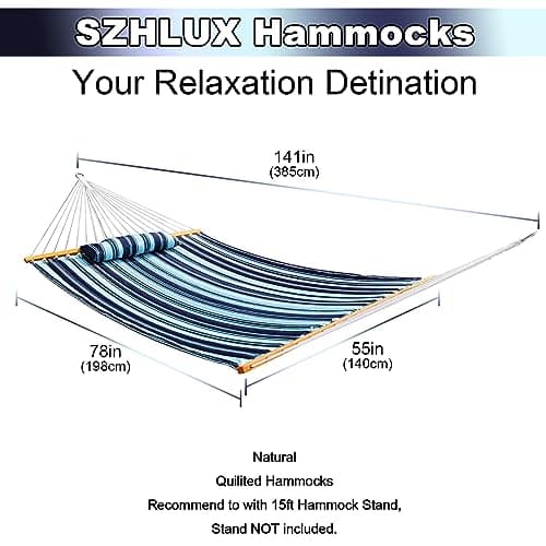 SZHLUX Outdoor Quilted Fabric Hammock with Spreader Bars and Detachable Pillow and Chains,Outdoor Patio Backyard Poolside, 450 LBS Weight Capacity, Catalina Beach