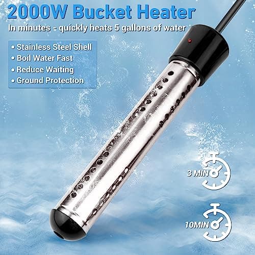 Immersion Water Heater Electric, 2000W Portable Hot Water Heater with 304 S S Guard & LCD Thermometer, Submersible Water Heater Heats up 5 Gallons of Water in Minutes for Bucket Bathtub Small Pool