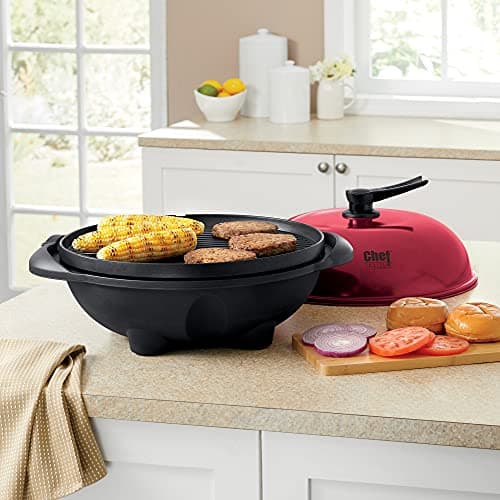 Montgomery Ward Chef Tested Electric Grill- Indoor/Outdoor Use, Removable Cast Aluminum Griddle, Temperature Control, Drip Tray, Warming Drawer, 1350 Watts, (Red, 25"W x 40.25"H x 25"D)