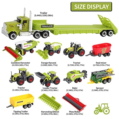 Oriate Kids Farm Toys Realistic Tractor Vehicle Playset, Diecast Car Set Educational Mini Farm Animals with Flatbed Trailer, Birthday Gift for Children 3 Year Old