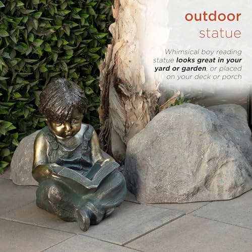 Alpine Corporation 19" Tall Indoor/Outdoor Boy Sitting Down Reading Book Statue Set Yard Art Decoration
